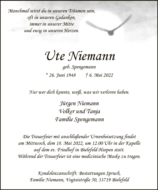 Traueranzeige von Ute Niemann von Neue Westfälische