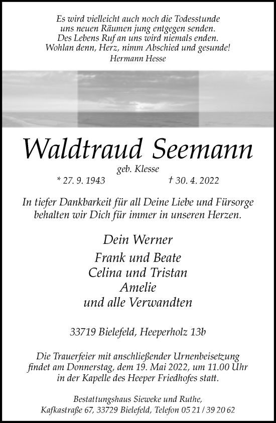 Traueranzeige von Waldtraud Seemann von Neue Westfälische
