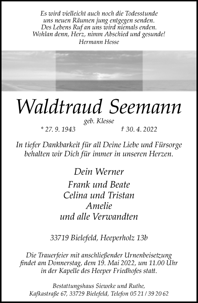  Traueranzeige für Waldtraud Seemann vom 14.05.2022 aus Neue Westfälische