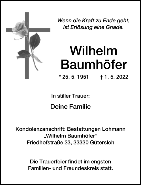 Traueranzeige von Wilhelm Baumhöfer von Neue Westfälische