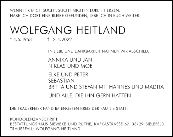 Traueranzeige von Wolfgang Heitland von Neue Westfälische