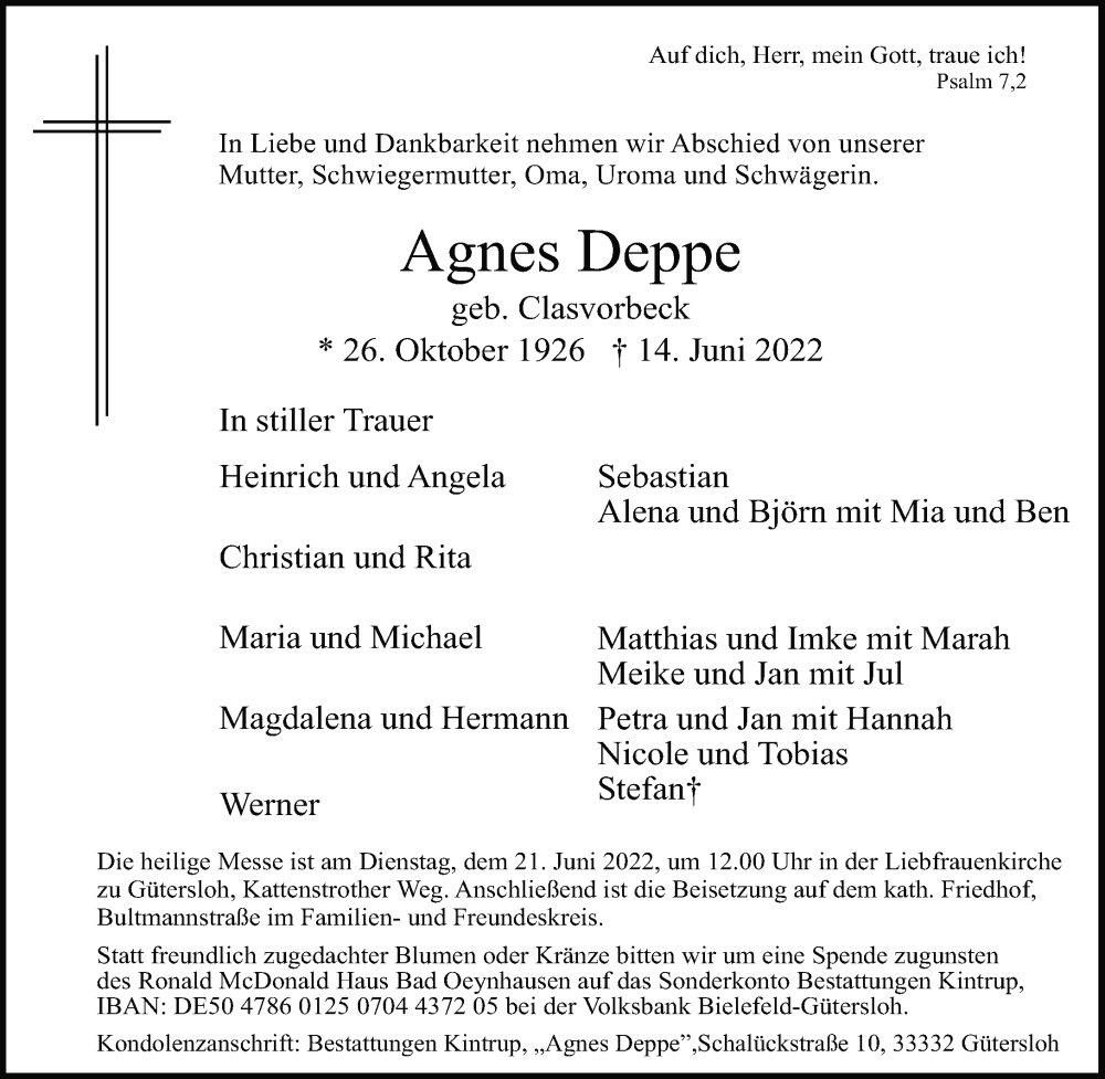  Traueranzeige für Agnes Deppe vom 16.06.2022 aus Neue Westfälische