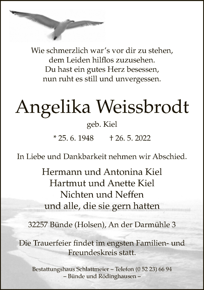  Traueranzeige für Angelika Weissbrodt vom 07.06.2022 aus Neue Westfälische