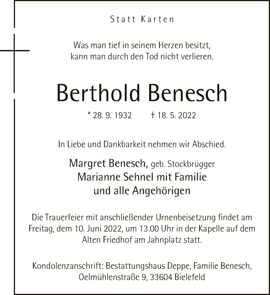  Traueranzeige für Berthold Benesch vom 04.06.2022 aus Neue Westfälische