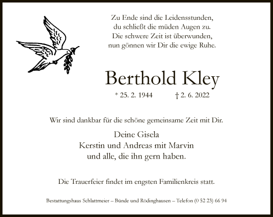 Traueranzeige von Berthold Kley von Neue Westfälische
