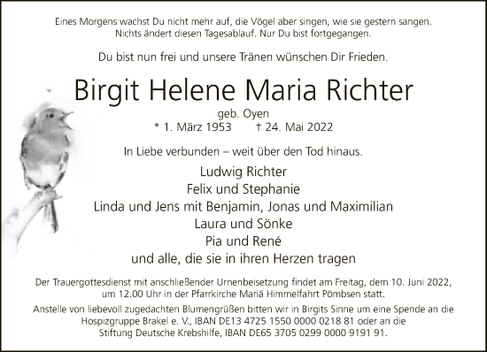 Traueranzeige von Birgit Helene Maria Richter von Neue Westfälische