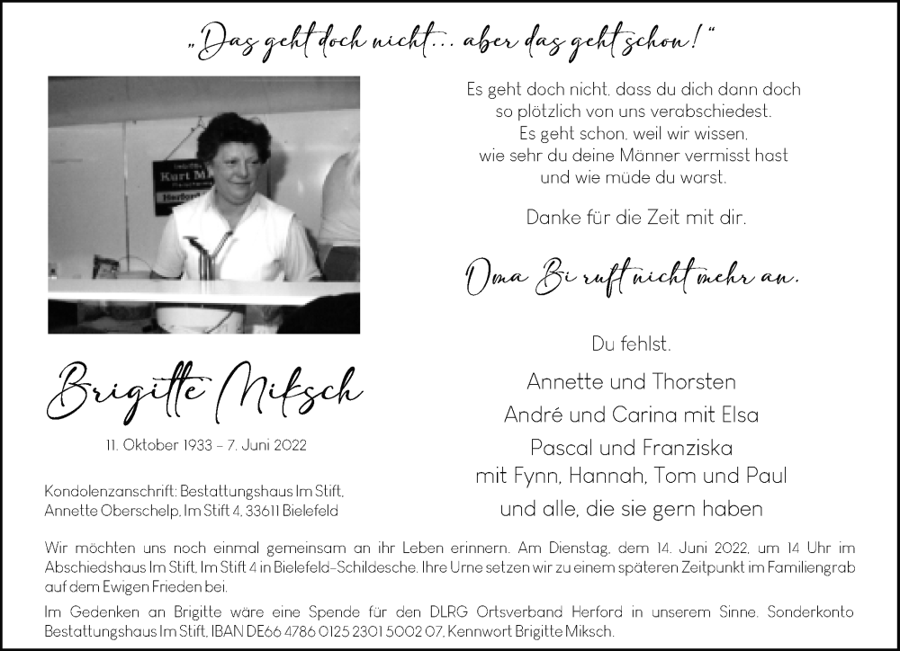  Traueranzeige für Brigitte Miksch vom 11.06.2022 aus Neue Westfälische