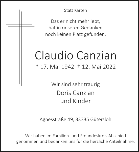 Traueranzeige von Claudio Canzian von Neue Westfälische