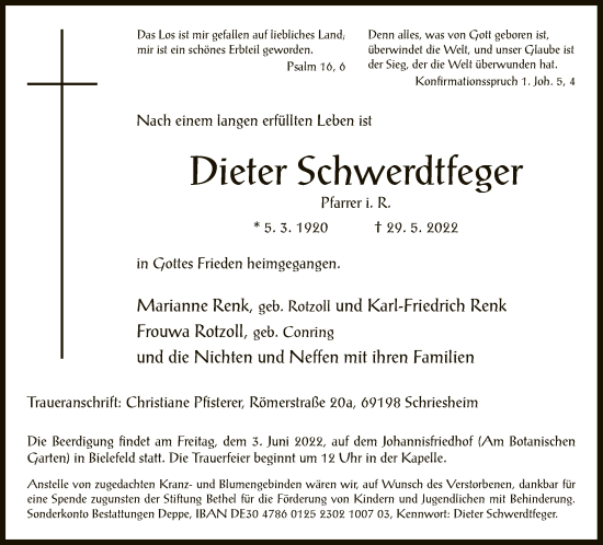 Traueranzeige von Dieter Schwerdtfeger von Neue Westfälische