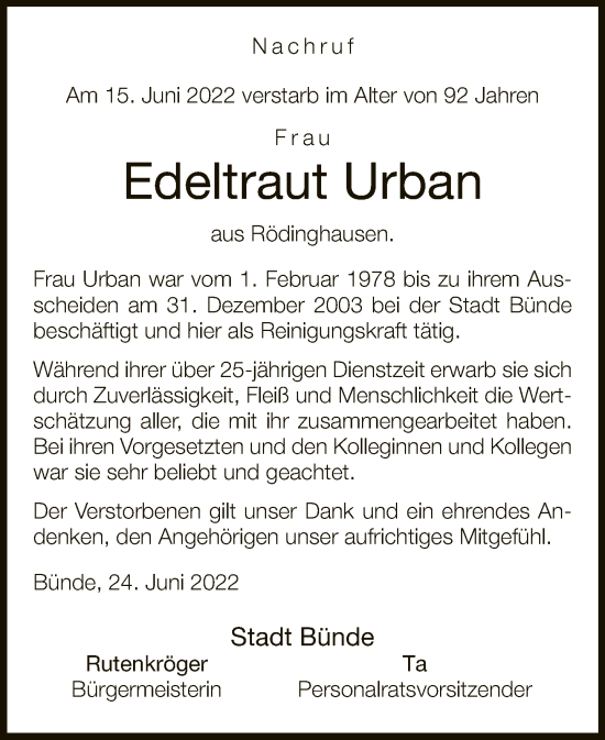 Traueranzeige von Edeltraut Urban von Neue Westfälische