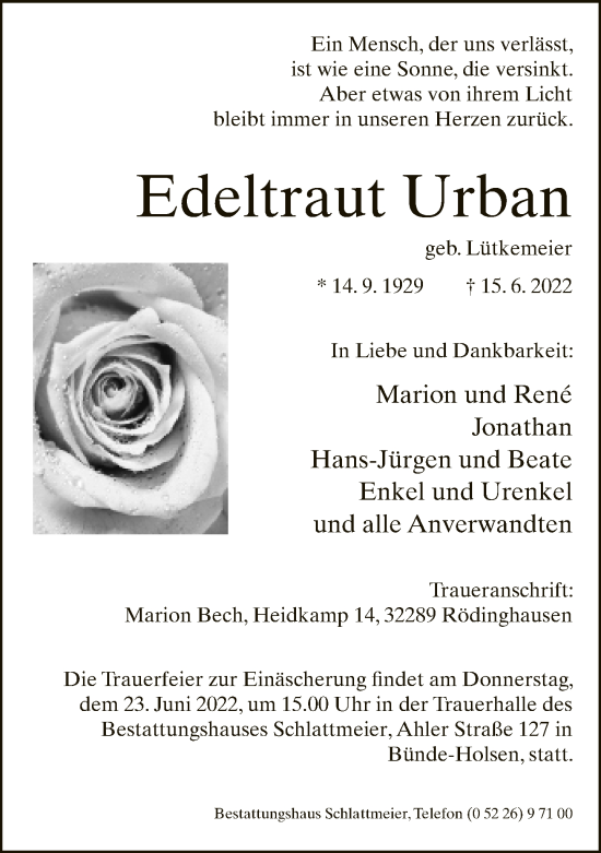 Traueranzeige von Edeltraut Urban von Neue Westfälische