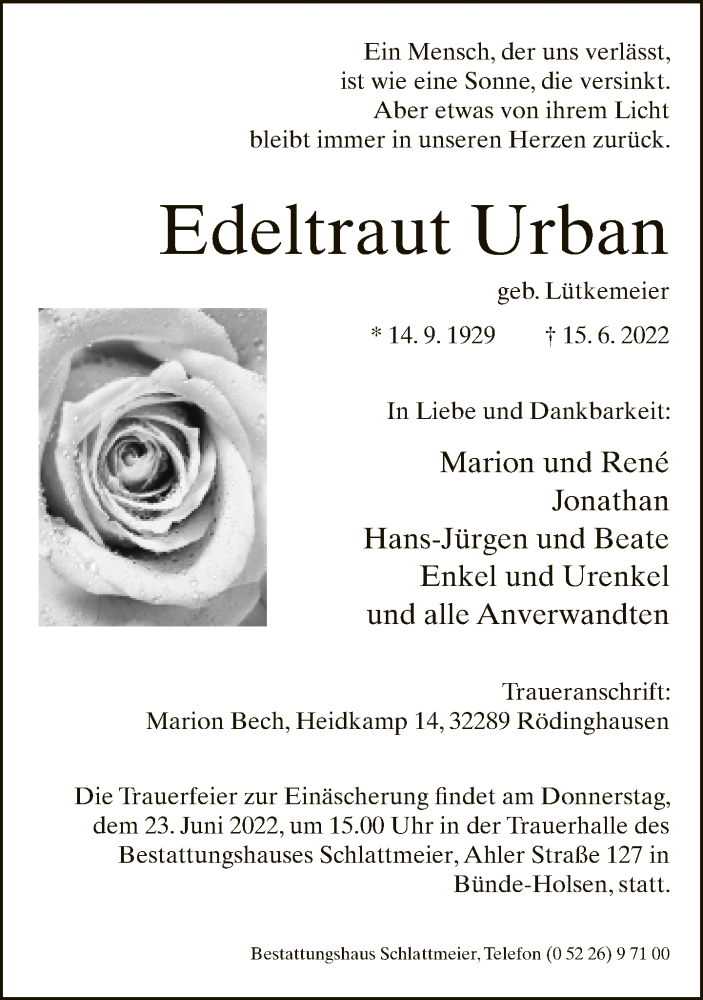  Traueranzeige für Edeltraut Urban vom 20.06.2022 aus Neue Westfälische