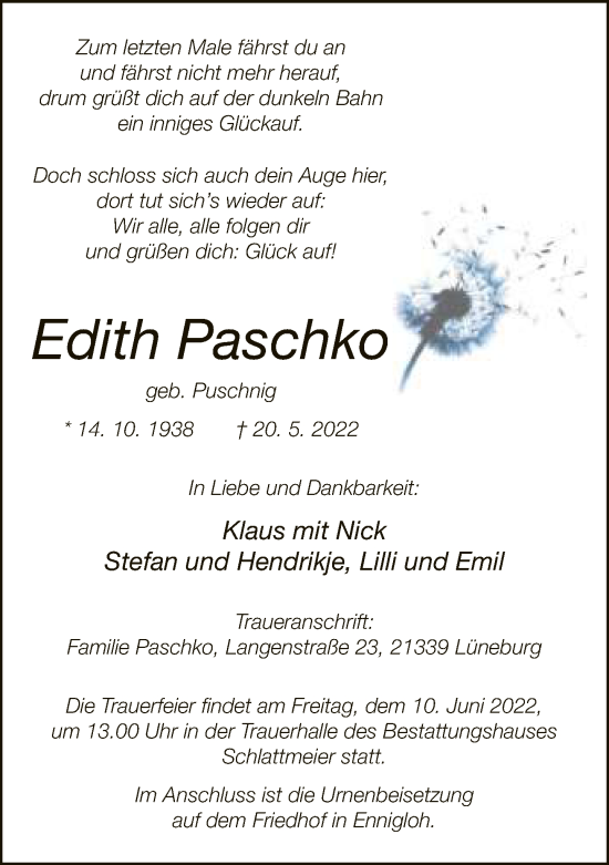Traueranzeige von Edith Paschko von Neue Westfälische