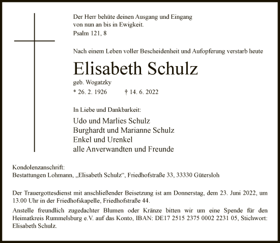 Traueranzeige von Elisabeth Schulz von Neue Westfälische