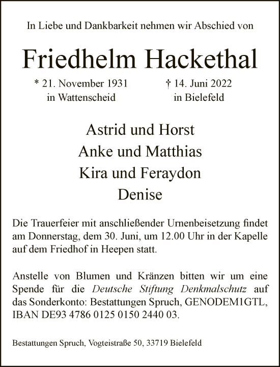 Traueranzeige von Friedhelm Hackethal von Neue Westfälische