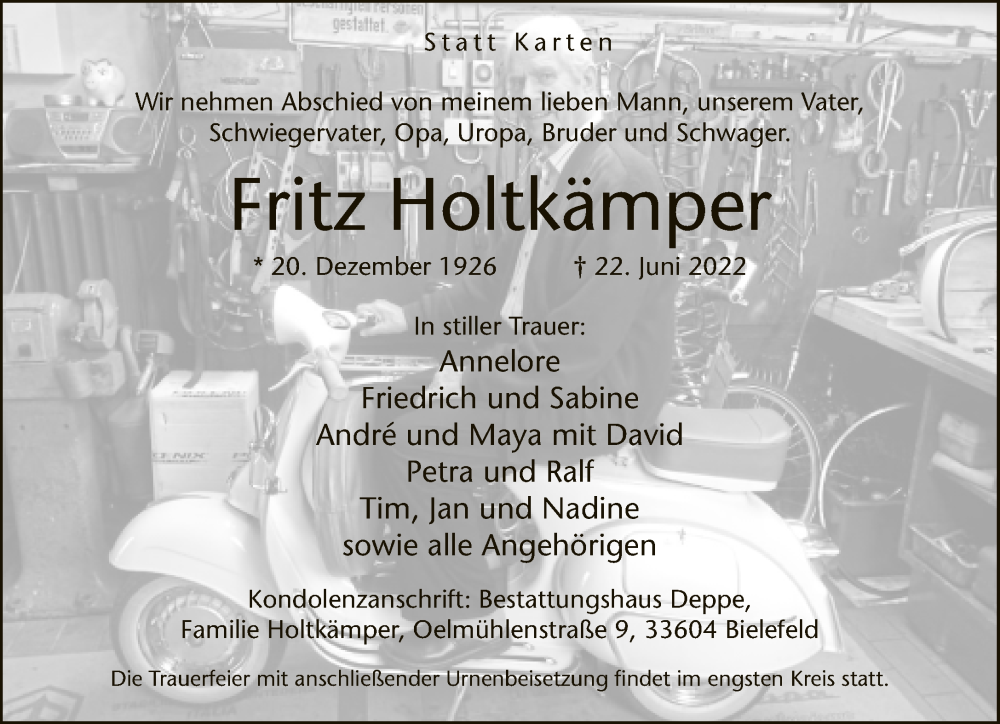  Traueranzeige für Fritz Holtkämper vom 25.06.2022 aus Neue Westfälische