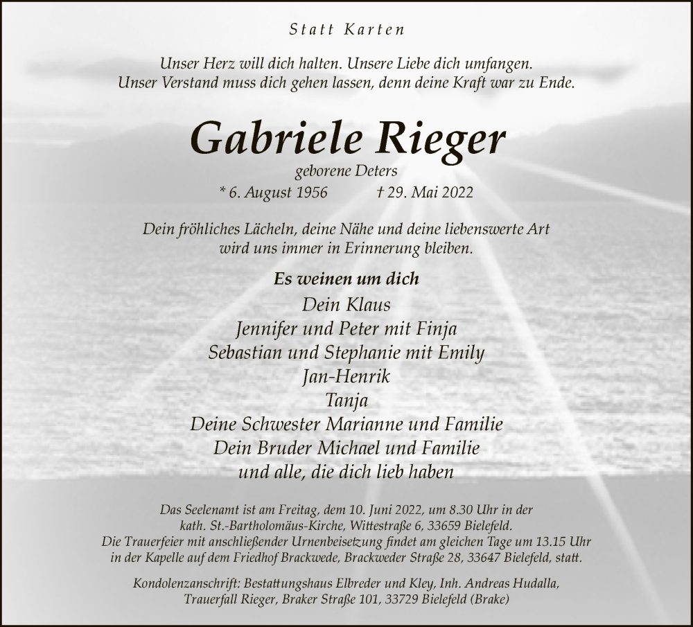  Traueranzeige für Gabriele Rieger vom 04.06.2022 aus Neue Westfälische