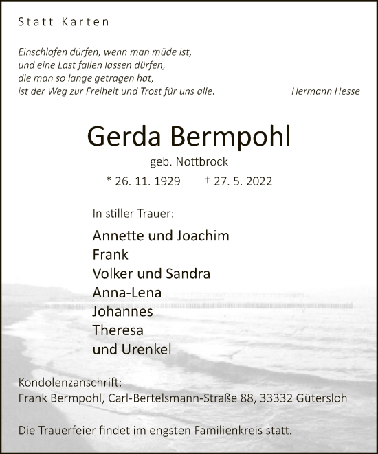 Traueranzeige von Gerda Bermpohl von Neue Westfälische