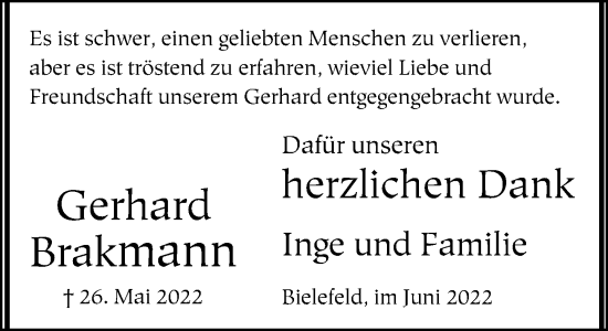 Traueranzeige von Gerhard Brakmann von Neue Westfälische