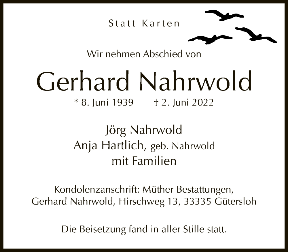  Traueranzeige für Gerhard Nahrwold vom 18.06.2022 aus Neue Westfälische