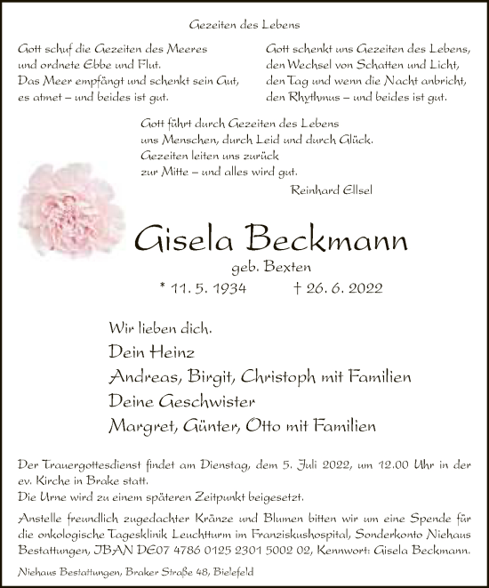 Traueranzeige von Gisela Beckmann von Neue Westfälische