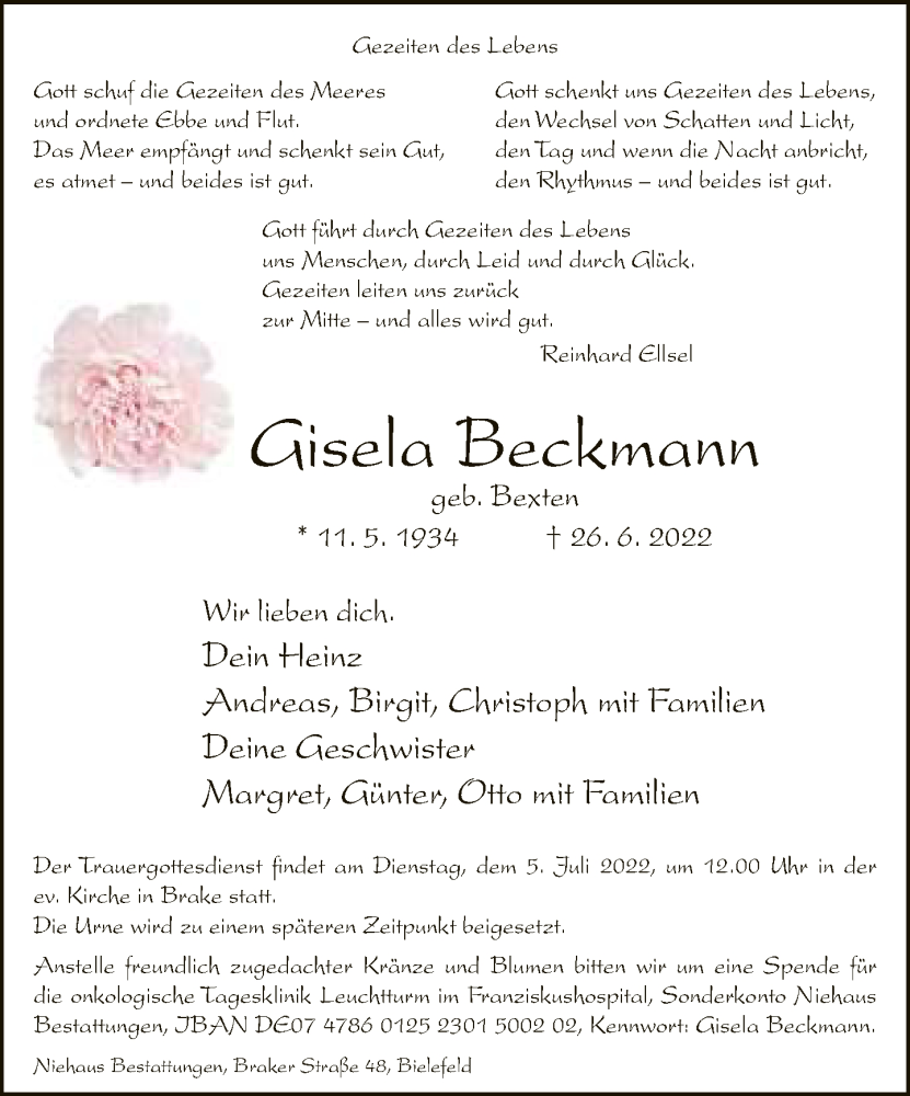  Traueranzeige für Gisela Beckmann vom 29.06.2022 aus Neue Westfälische