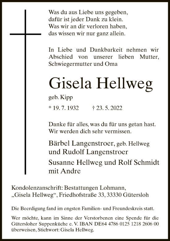Traueranzeige von Gisela Hellweg von Neue Westfälische