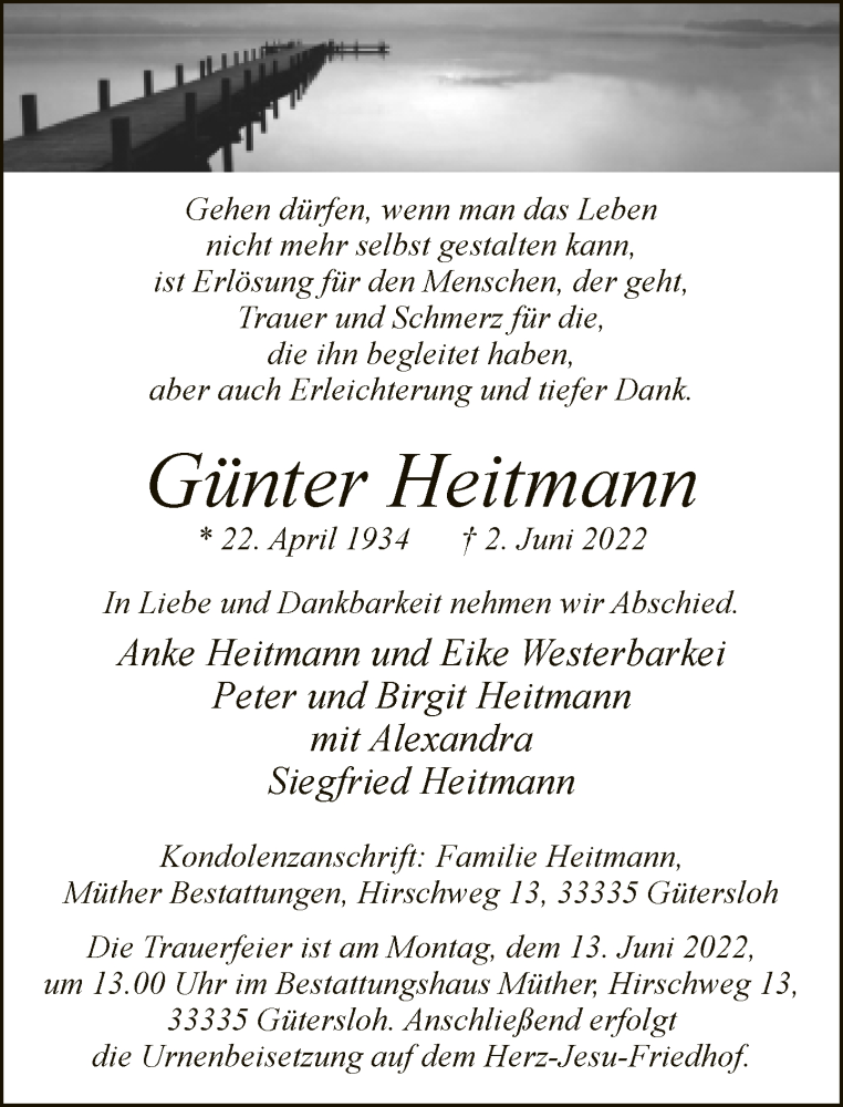  Traueranzeige für Günter Heitmann vom 08.06.2022 aus Neue Westfälische