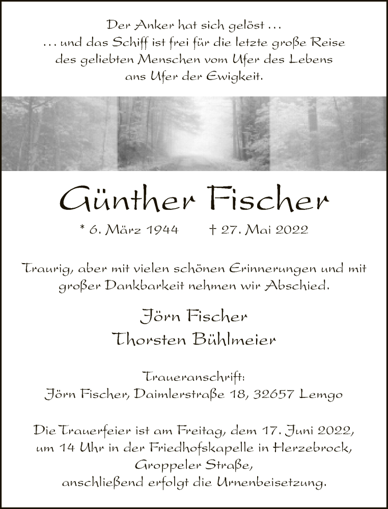  Traueranzeige für Günther Fischer vom 04.06.2022 aus Neue Westfälische
