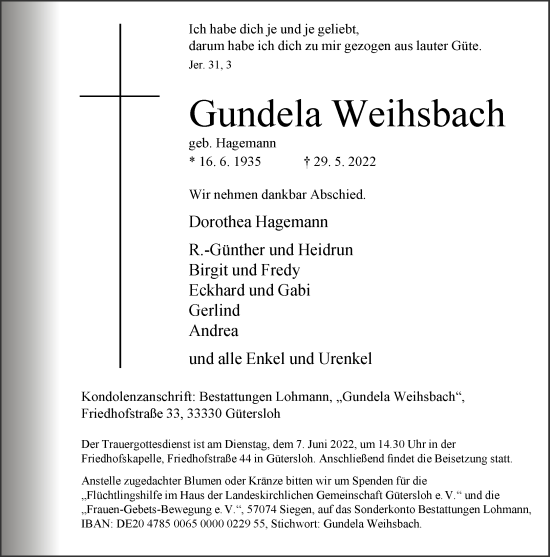 Traueranzeige von Gundela Weihsbach von Neue Westfälische