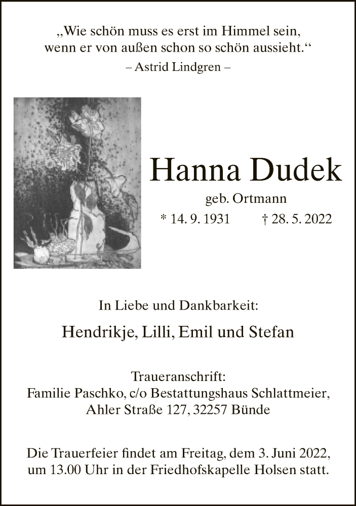  Traueranzeige für Hanna Dudek vom 01.06.2022 aus Neue Westfälische