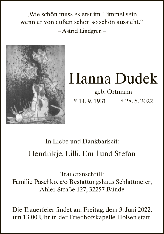 Traueranzeige von Hanna Dudek von Neue Westfälische