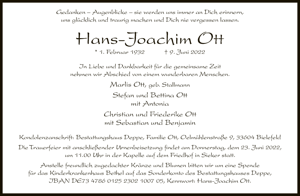  Traueranzeige für Hans-Joachim Ott vom 18.06.2022 aus Neue Westfälische
