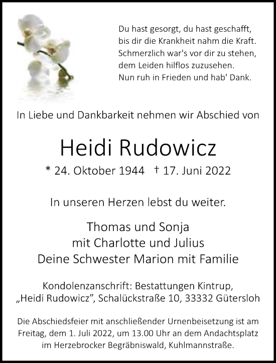 Traueranzeige von Heidi Rudowicz von Neue Westfälische