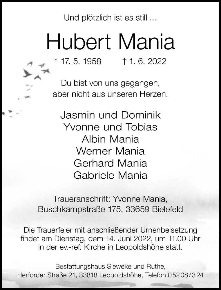  Traueranzeige für Hubert Mania vom 11.06.2022 aus Neue Westfälische