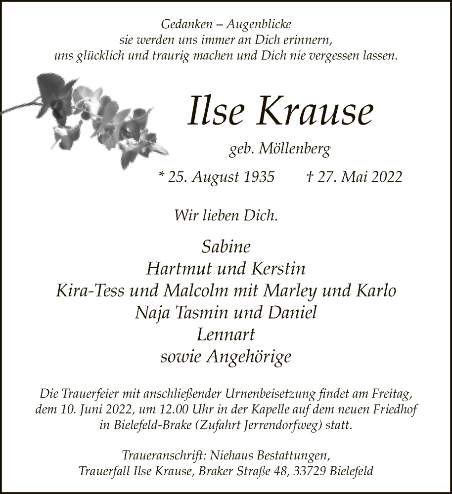  Traueranzeige für Ilse Krause vom 04.06.2022 aus Neue Westfälische