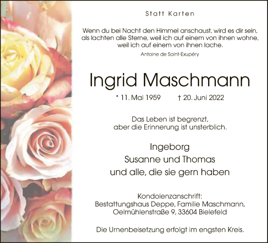 Traueranzeige von Ingrid Maschmann von Neue Westfälische