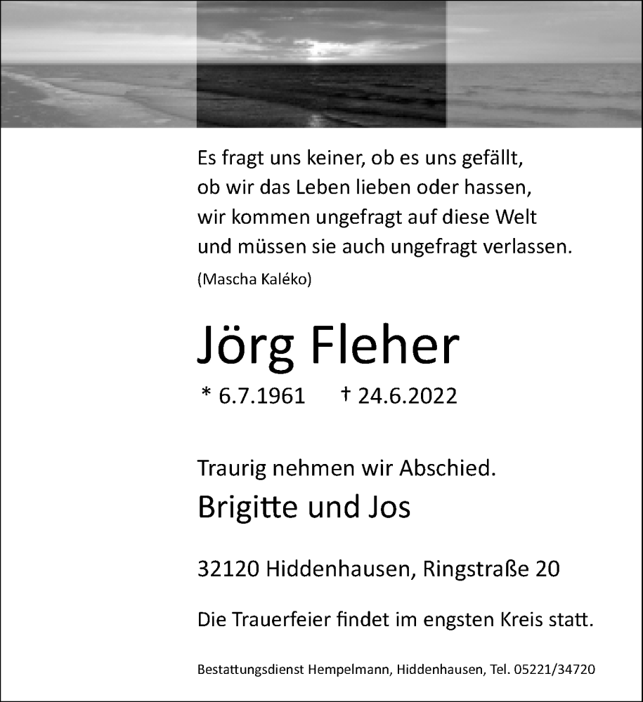  Traueranzeige für Jörg Fleher vom 29.06.2022 aus Neue Westfälische