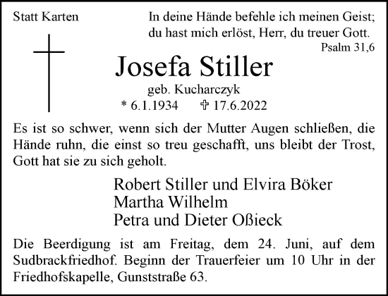 Traueranzeige von Josefa Stiller von Neue Westfälische