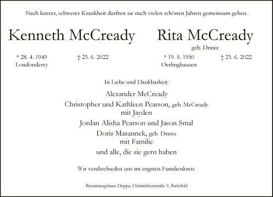 Traueranzeige von Kenneth und Rita McCready von Neue Westfälische