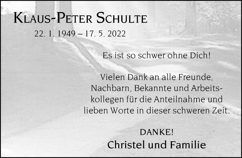  Traueranzeige für Klaus-Peter Schulte vom 04.06.2022 aus Neue Westfälische