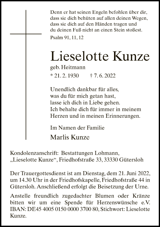 Traueranzeige von Lieselotte Kunze von Neue Westfälische