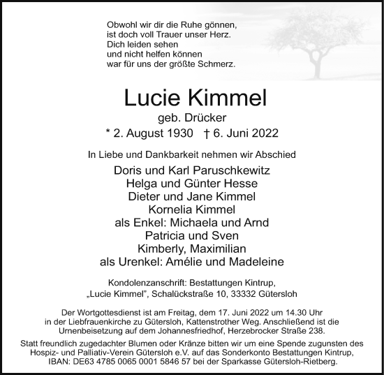 Traueranzeige von Lucie Kimmel von Neue Westfälische