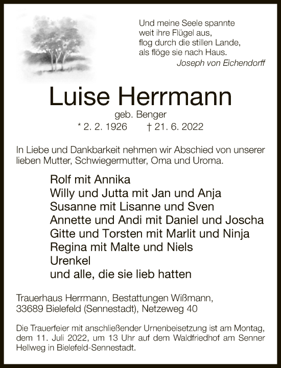 Traueranzeige von Luise Herrmann von Neue Westfälische