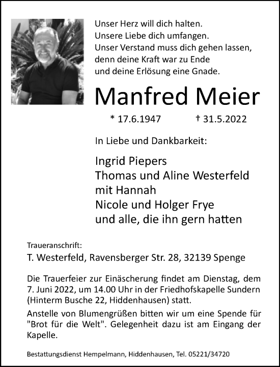 Traueranzeige von Manfred Meier von Neue Westfälische
