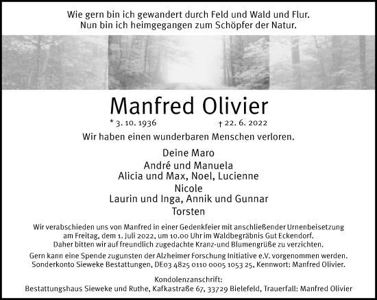 Traueranzeige von Manfred Olivier von Neue Westfälische