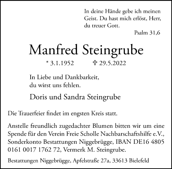 Traueranzeige von Manfred Steingrube von Neue Westfälische