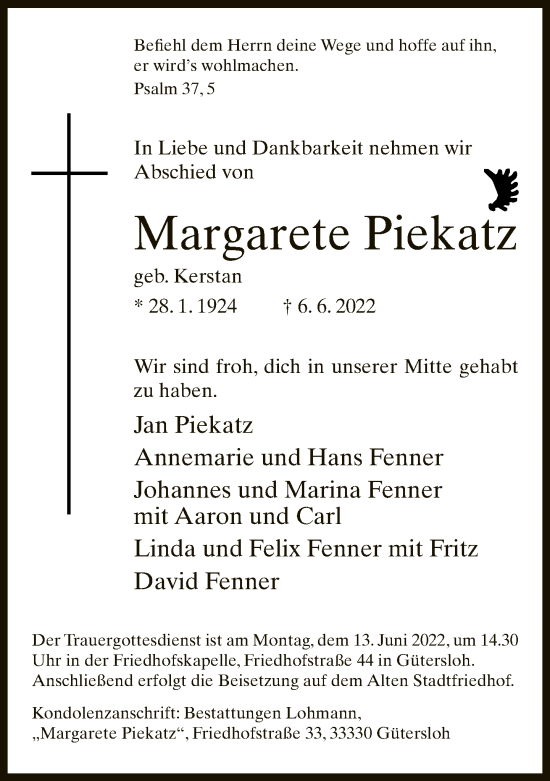 Traueranzeige von Margarete Piekatz von Neue Westfälische