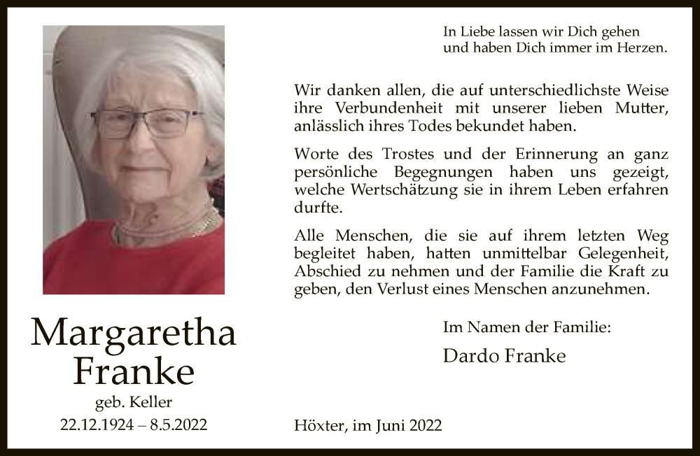 Traueranzeige für Margaretha Franke vom 11.06.2022 aus Neue Westfälische