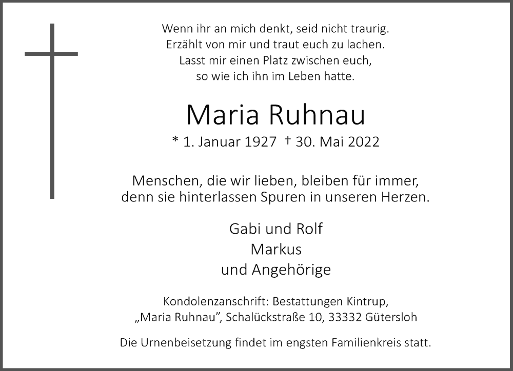  Traueranzeige für Maria Ruhnau vom 04.06.2022 aus Neue Westfälische